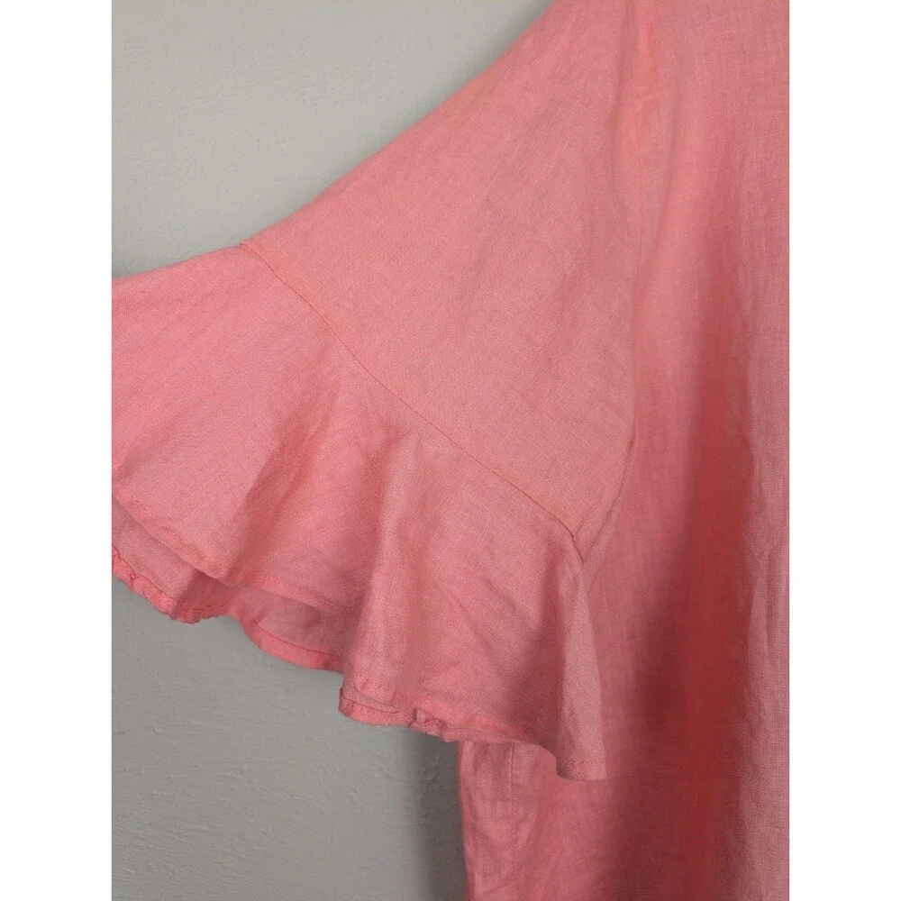 FOR CYNTHIA Womens 2X Coral 100% Linen Ruffled Bell Sleeve Top Blouse Shirt